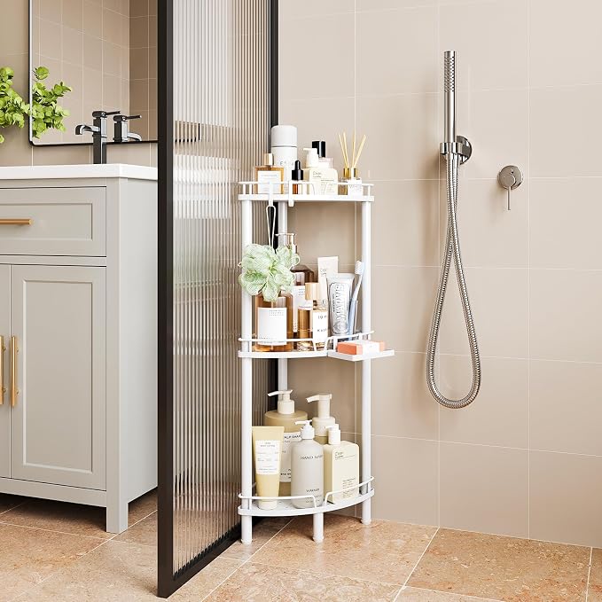 ELYKEN Corner Shower Caddy Standing, 3 Tier Rustproof Metal Shower Organizer with Soap Holder, Floor Shower Corner Shelf Rack Storage Stands with Adjustable Feet & 2 Hooks for Bathroom, White - Image 9