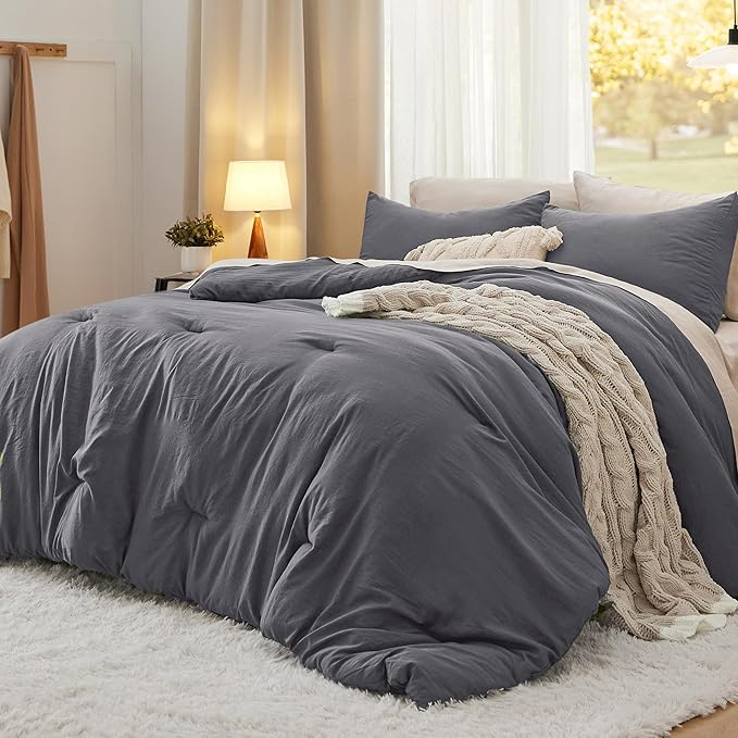 Bedsure Queen Comforter Set, Dark Grey Soft Prewashed Bedding for All Seasons, 3 Pieces GentleSoft™ Bed Set, 1 Lightweight Comforter (90"x90") and 2 Pillowcases (20"x26")