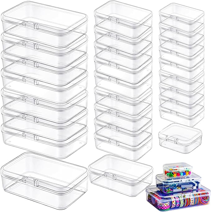 LJY 28-Piece Plastic Storage Containers with Lids (3 Assorted Sizes), Rectangular Organizer Box Set Clear Organizer Bins for Beads & Jewelry Findings, Instant Visibility, Transparent