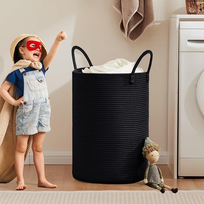 80L Extra Large Black Laundry Hamper Tall Woven Rope Laundry Basket for Clothes Modern Blanket Storage Basket in Living Room Bedroom 16"L x 16"W x 22"H - Image 4