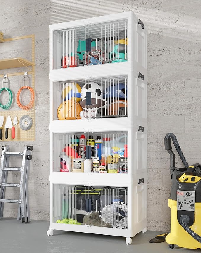 OlarHike 97QT Stackable Storage Bins with Lids - Folding Storage Box with Doors and Wheels, Collapsible Plastic Storage Drawers for Closets and Organization, Garage, Office, Cabinet, 4 Pack Cubes by OlarHike