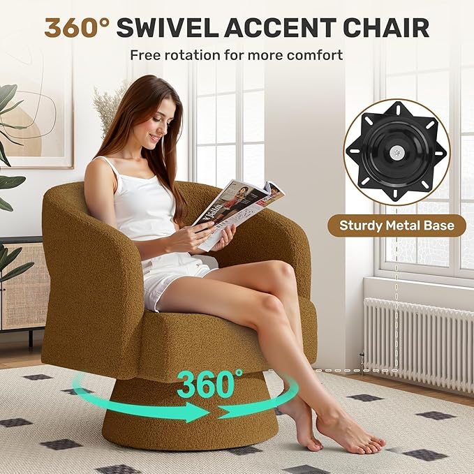 Nebuaegis Swivel Accent Chair Set of 4, Modern Comfy Teddy Barrel Chairs, Oversized Upholstered Round Arm Chair for Living Room, Bedroom, Reading Room, Brown