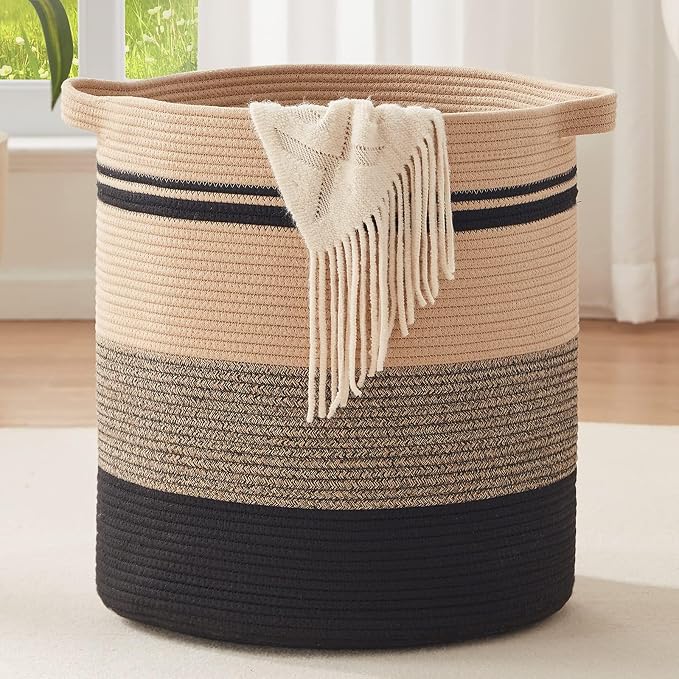 OIAHOMY 80L Laundry Baskets-Laundry Hamper,Storage Basket with Handles,Decorative Basket for Living room,Woven Storage Basket for Toys Bin,Pillows, Blankets,Clothes-20x18in-Yellow Black by MasterofSpaceOptimization