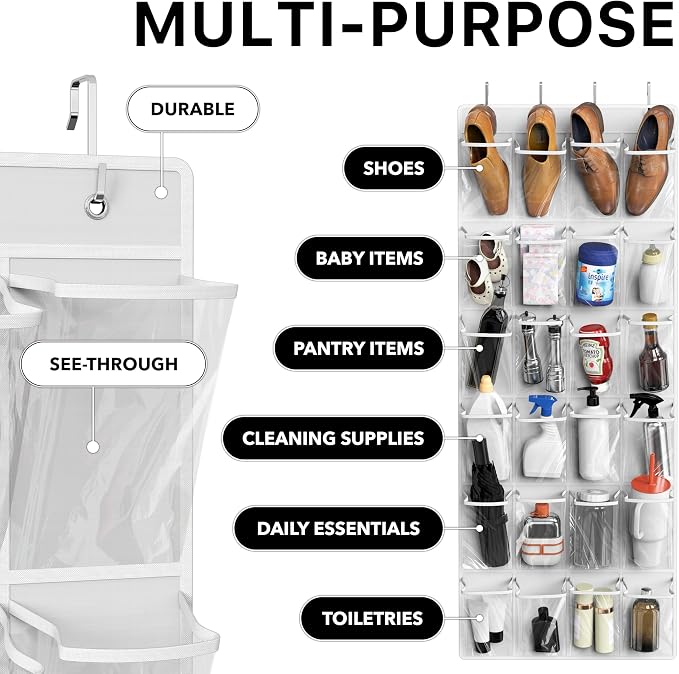 Simple Houseware 24 Pockets Large Clear Pockets Over The Door Hanging Shoe Organizer, White (56" x 22.5") - Image 4