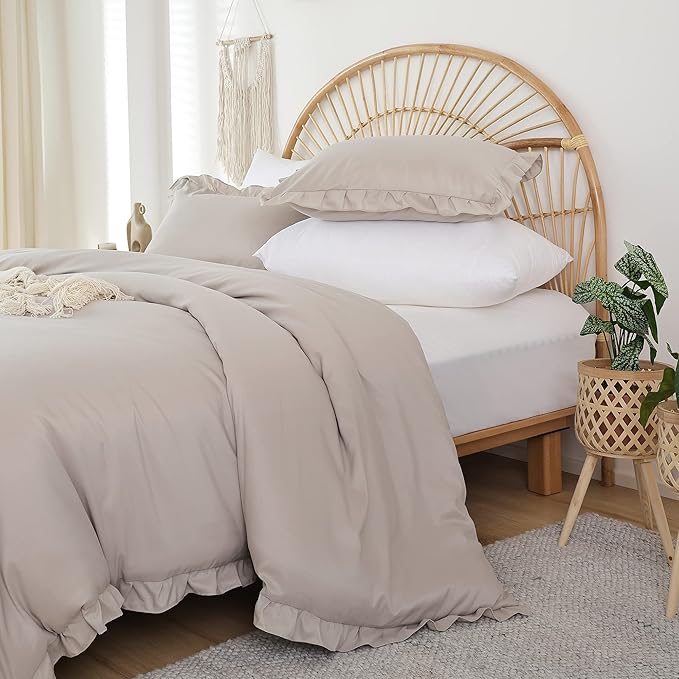 JANZAA Oatmeal Twin Ruffled Soft Twin Size Bed Set Vintage Farmhouse Bed Comforter Set Shabby Fluffy Bedding (1 Comforter Set and 1 Pillowcase)