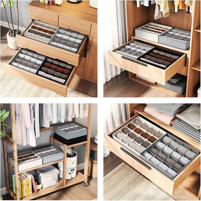 Joyoldelf Sock Drawer Organizer Divider Underwear Organizer 16-cell Fabric Dresser Drawer Organizers Storage Boxes for Socks Lingerie, Handkerchiefs, Ties 4 Pack (Beige) - Image 6