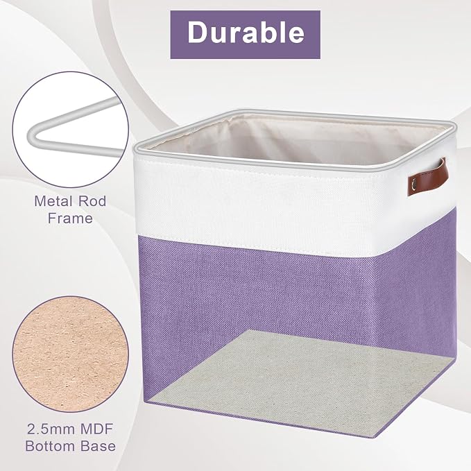 Bagnizer 13x13 Cube Storage Bins, Collapsible Fabric Storage Box, 4 Pack Closet Baskets with Handles for Organizing, Shelf, Toys, Clothes, Home, Office, Nursery (Purple&White) - Image 4