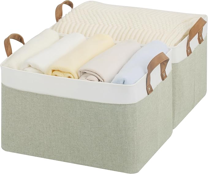 StorageWorks Storage Bins, Fabric Storage Bins for Shelves, Large Storage Baskets with Metal Frame, Closet Baskets and Bins with Handles, Green and White, 2-Pack by StorageWorks