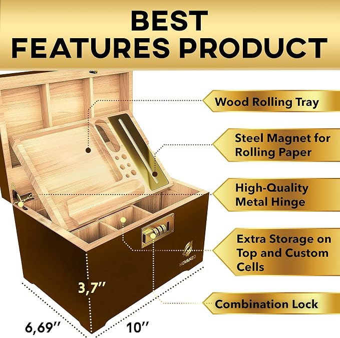 HOVANZO Premium Large Bamboo Storage Box with Removable Tray - Storage Wood Box for Herbs and Accessories - Storage Box Set with Combination Lock - Smell Proof Container with Accessories - Image 4