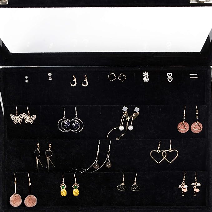 Frebeauty Earring Organizer Tray with Clear Lid 64 Slots Velvet Drawer Insert Earring Storage box with Transparent Glass lid Jewelry Display Case with lock Gifts for Women (Black, Earrings) - Image 6