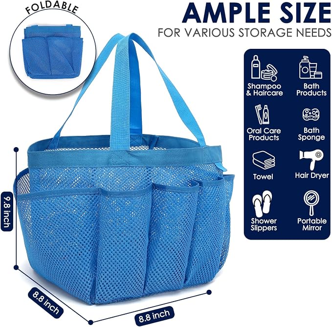 GYEUKHAM Large Mesh Shower Caddy Portable with 8-Pocket for College Dorm Room Essentials,Quick-Dry Handing Shower Basket Tote Bag for Toiletry, Bathroom,Beach,Camp,Gym,Blue - Image 4