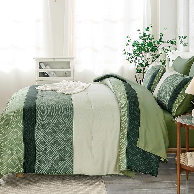 Dinjoy Queen Comforter Set Green, 7 Piece Boho Bed in a Bag Queen Size Striped Fall Bedding Sets Comforters with Plaid Bed Set with Sheets for Women Family