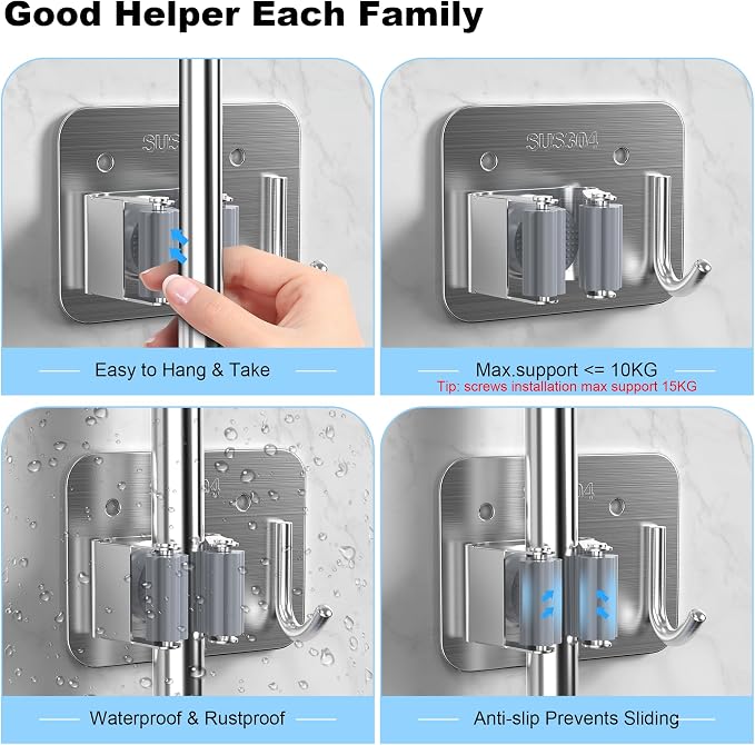 4 Pack Stainless Steel Mop and Broom Gripper with Hook, Screw Drilling or Self Adhesive Mop and Broom Holder Wall Mount, Storage Rack for Closet Laundry Garage Garden Tool Organizer, Silver - Image 7