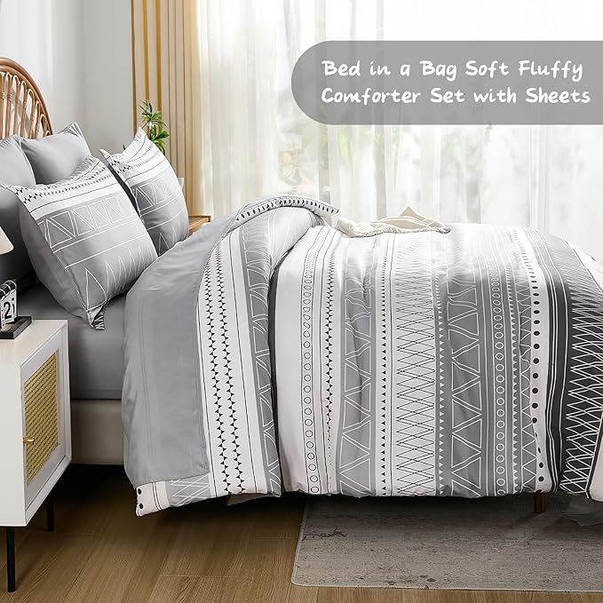 WONGS BEDDING King Size Comforter Set 7 Pieces, Boho Grey White Geometric Striped Comforter for King Bed in a Bag, Soft Microfiber Bedding Set with Pillowcases, Flat Sheet, Fitted Sheet, Pillow Shams
