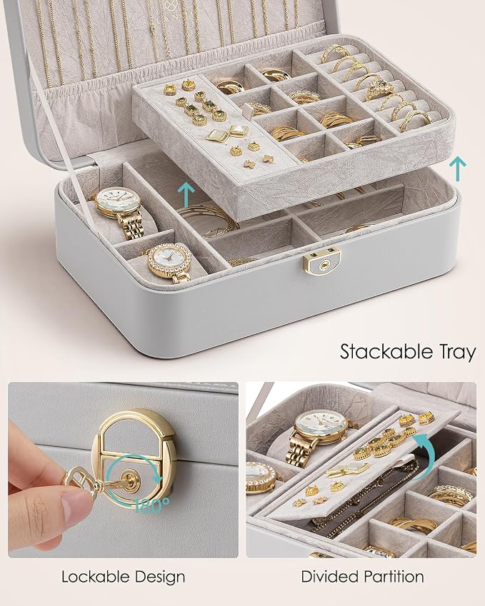 VLANDO 2 Layer Jewelry Box,Jewelry Organizer Storage Lockable Earring Organizer Removable Jewelry Tray with Watch Pillow for Neckable Ring Bracelets-Grey - Image 5