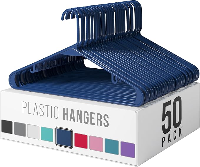 Plastic Hangers 50 Pack Navy - Clothes Hangers - Makes The Perfect Coat Hanger and General Space Saving Hangers for Closet and New Apartment Essentials - Percheros Ganchos para Colgar Ropa Hangars by Neaterize