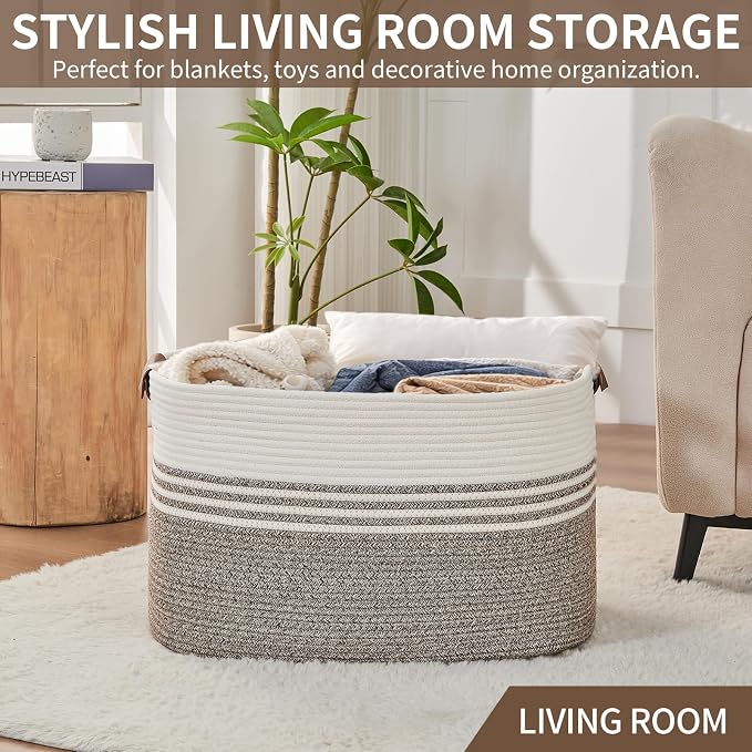 Large Woven Laundry Basket Hamper, 72L Cotton Rope Storage Bin for Blankets, Toys, Clothes, Decorative Nursery Hamper for Living Room, Baby Nursery, Bathroom, Bedroom, Kids Storage, Brown - Image 7