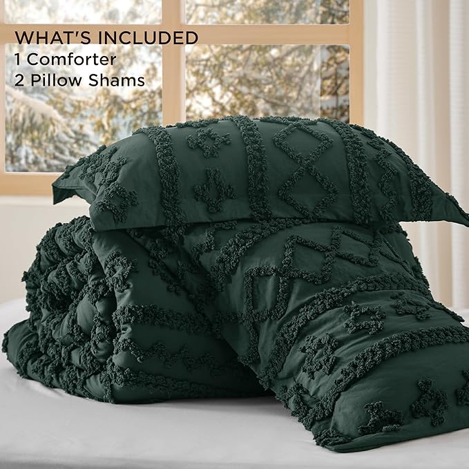 Bedsure Tufted Boho Comforter Set King Size - Dark Green Boho Bed Set, GentleSoft™ 3 Pieces Farmhouse Shabby Chic Embroidery Bedding, Gifts for Woman, Soft Jacquard King Comforter for All Seasons