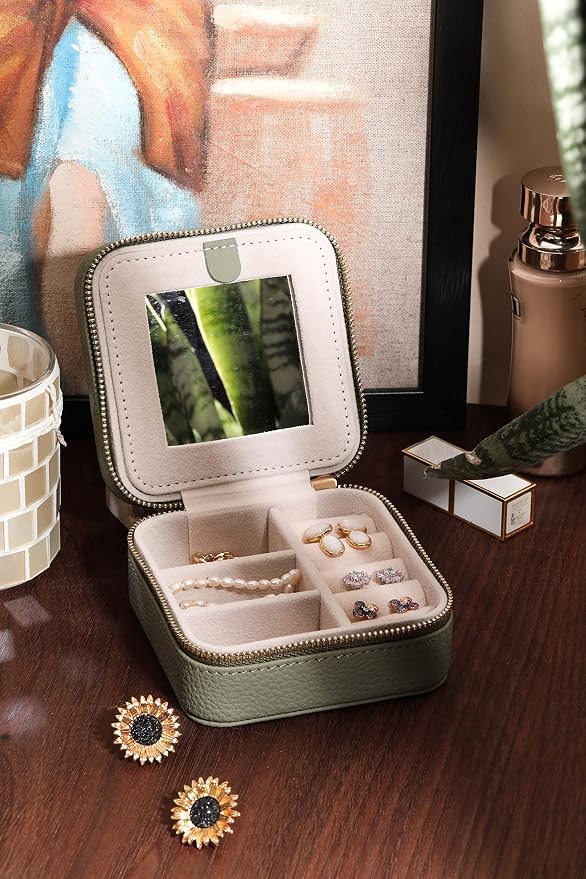 S.Leaf Travel Jewelry Organizer Boxes for Women Small Portable Necklace Earrings Bracelet Rings Travel Case Best Friend Birthday Gifts for Women Trendy (01_Lychee_Sage_Green) - Image 2