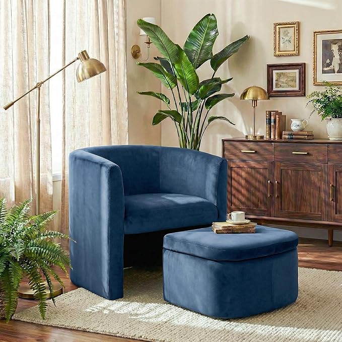 COLAMY Morden Velvet Living Room Side Chair with Storage Ottoman, Single Sofa Armchair with Lounge Seat, Upholstered Barrel Accent Chair for Bedroom/Office/Reading Spaces, Blue