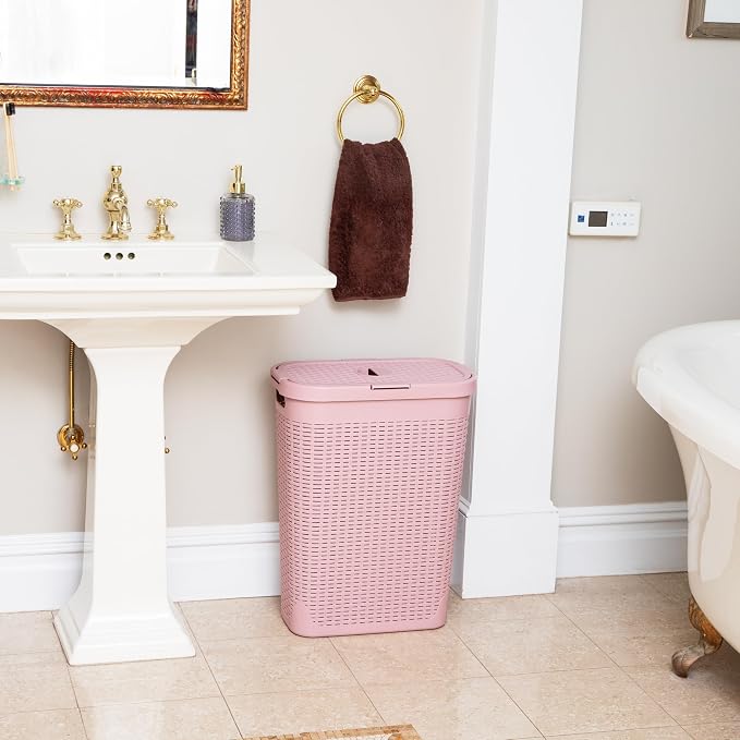 Mind Reader Slim Laundry Hamper with Lid, 40L Clothes Basket, Narrow Tapered Design with Ventilated Cutout Pattern, Plastic, Pink - Image 6