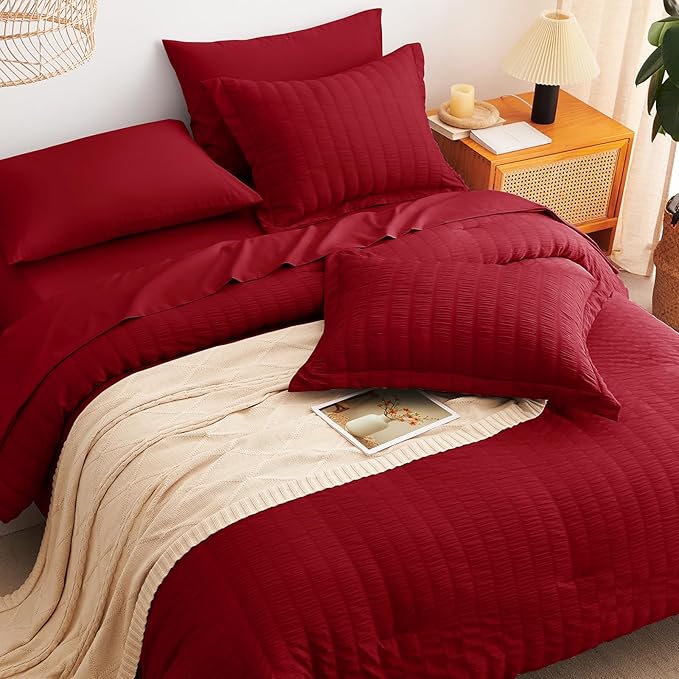 CozyLux King Size Comforter Set Dark Red Seersucker 7 Pieces Bed in a Bag King Comforter Set with Sheets, Luxury Soft Bedding Sets with Down Alternative Comforter, Sheets, Pillowcases & Shams