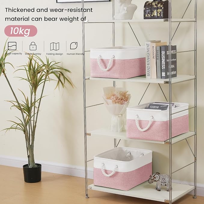 Large Storage Baskets- 15.7x11.8x8.26 inch Storage Bins for Shelves and Closet Organizing, Foldable Fabric Bin for Home Organization Clothes and Laundry (1-Pack, White&Pink) - Image 3