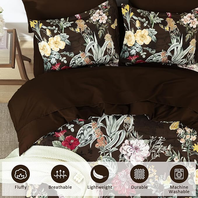 WONGS BEDDING Brown Comforter Set Queen, 7 Pieces Bed in a Bag Botanical Floral Comforter Bedding Set, Soft Microfiber Comforter with Flat Sheet, Fitted Sheet, Pillow Shams, Pillowcases