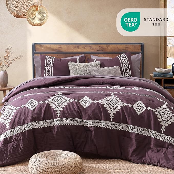 MaiRêve Embroidery Full Size Comforter Set Purple, Farmhouse Western Boho Bedding Set 7 Pieces, All Season Bed in A Bag Comforter Set with Sheets, Pillowcases & Shams
