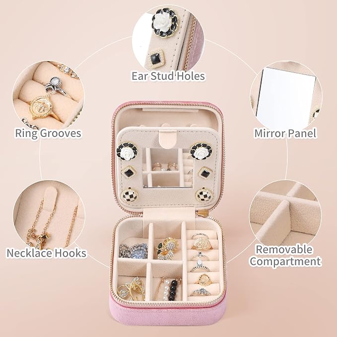 Dajasan Velvet Travel Jewelry Box, Mini Travel Jewelry Case, Small Portable Travel Jewelry Organizer Box with Mirror for Earrings Bracelets Rings Necklace (Pink) - Image 4
