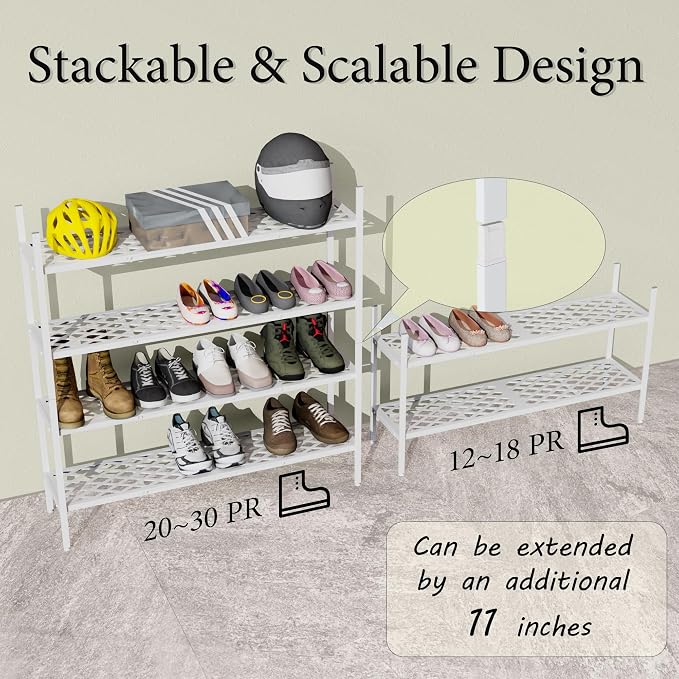 Shoe Rack, Expandable Shoes Organizer Metal Shelf Stand, 2 Tier Stackable Long Shoe Storage Holder For Closet, Floor, Entryway, Garage, Bedroom, Door Entrance For 12-18 Pairs, 45.6 inches White - Image 5