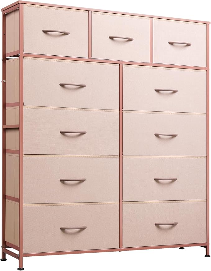 WLIVE Tall Dresser for Bedroom, Fabric Dresser Storage Tower, Chest of Drawers Organizer Unit with 11 Drawers, Storage Cabinet, Hallway, Closets, Steel Frame, Wood Top, Pink by WLIVE