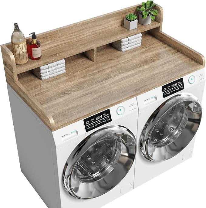 2-Tier Washer Dryer Countertop with 2.75" H Edge Rails, 54" W x 27.55" D Laundry Countertop for Folding Clothes, Washer and Dryer Topper with Non-Slip Pad (White Oak) by Corbyles