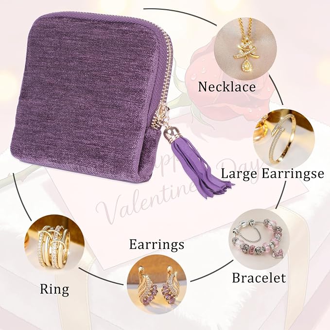 ASINGYER Travel Jewelry Storage Bag for Women, Velvet Portable Jewelry Organizer with Tassel Zipper, Small Pouches for Bracelets Necklaces Rings Earrings, Wedding Gift for Women (purple) - Image 4