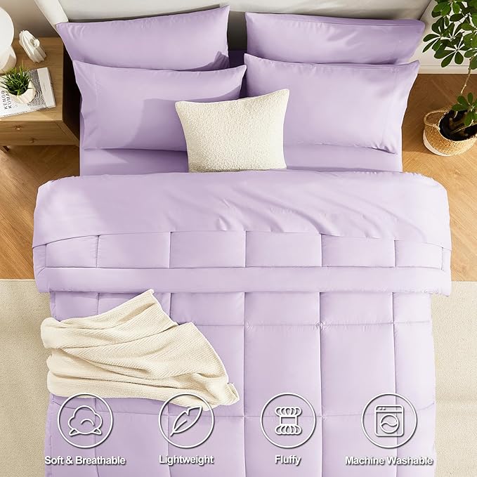 CozyLux Queen Comforter Set Lavender, 7 Pieces Bed in a Bag, Light Purple Comforters Queen Size, All Season Bedding Sets with Stitch Quilted Comforter, Flat Sheet, Fitted Sheet, Pillowcases