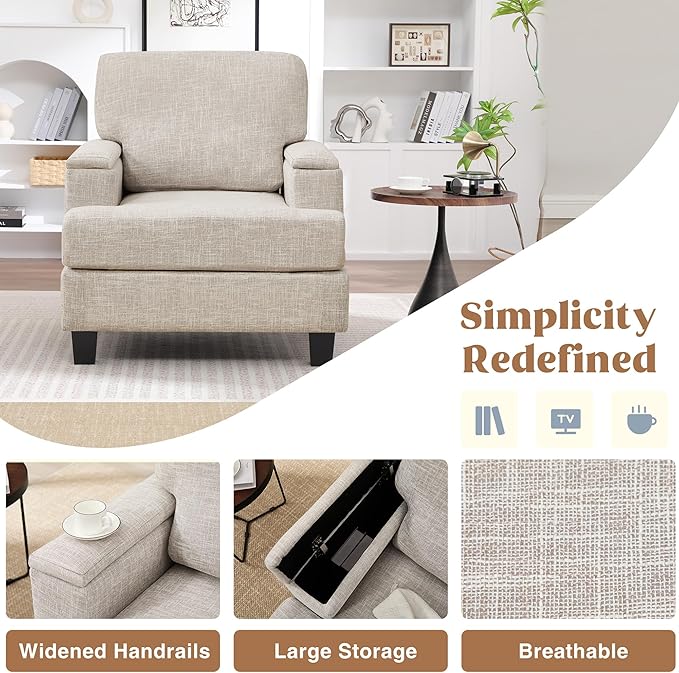 Beige Accent Chair with Armrest Storage, Modern Upholstered Reading Living Room Chairs, Comfy Large Armchair, Fabric Single Sofa Chair for Bedroom
