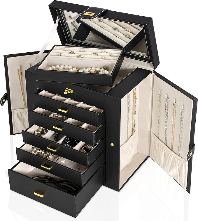 AKOZLIN Large Jewelry Box Organizer Functional with Big Mirror, Leather Jewelry Storage Case for Women Girls Ring Necklace Earring Bracelet Holder Organizer - Image 3