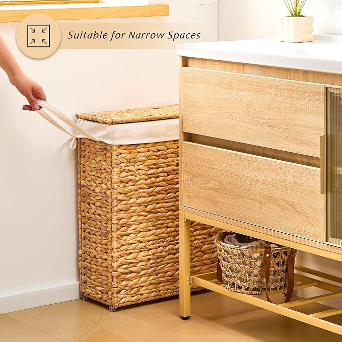 Handwoven Slim Laundry Hamper with Lid, 55L Natural Water Hyacinth Basket and Handles, Narrow Wicker Laundry Basket with Removable Liner Bag & 2 Mesh Bags - Image 3