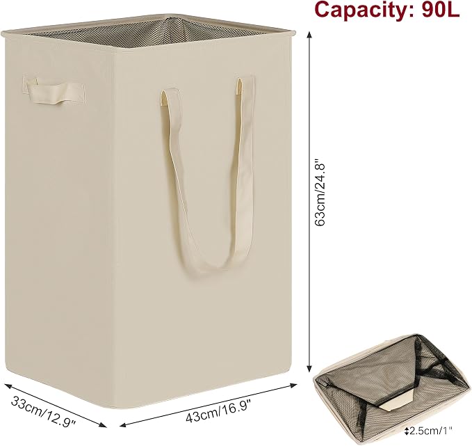 efluky Slim Laundry Basket, Narrow Laundry Hamper with Handles, Collapsible Dirty Clothes Hamper, Tall Laundry Bin for Laundry Room, Dorm and Bedroom, 90L Beige - Image 2