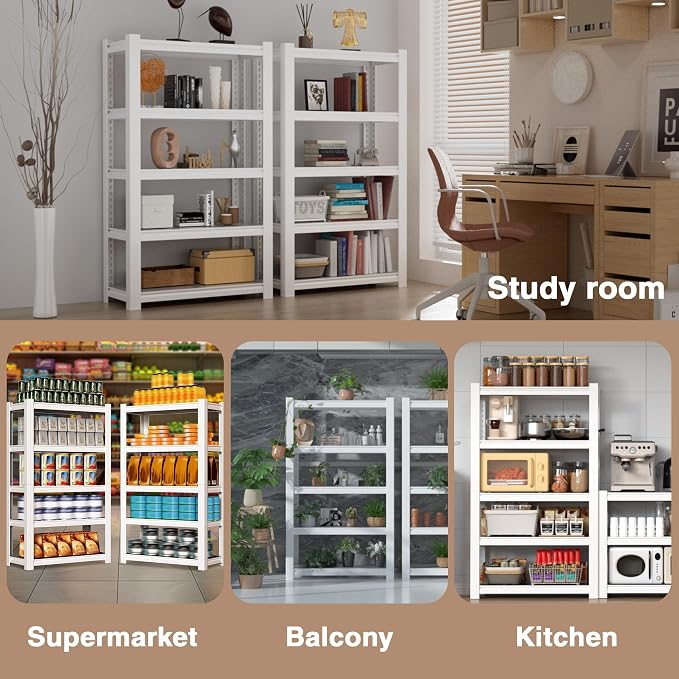 WORKPRO House 5-Tier Shelving Unit, 3000lbs Adjustable Storage Shelves, Boltless Book Shelf, Shelf Organizer for Kitchen, Living Room, Bathroom, Wood Grain Pattern, Waterproof Board, 24-1/10"W, White - Image 8