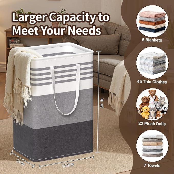 WOWBOX 2 Pack Laundry Baskets, Laundry Hampers, Freestanding Dirty Clothes Hampers with Reinforced Handles & Cross Stitch & Waterproof Coating, for Laundry Bedroom Bathroom Dorm,75L Grey - Image 2