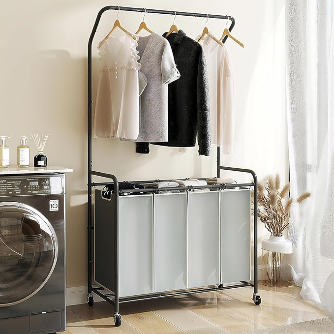ROMOON Laundry Hamper Sorter Cart: 4 Section Organizer with Hanging Bar and Heavy-duty Lockable Wheels | 180L Rolling Laundry Basket with Clothes Rack in Laundry Room or Small Spaces (Grey) by ROMOON