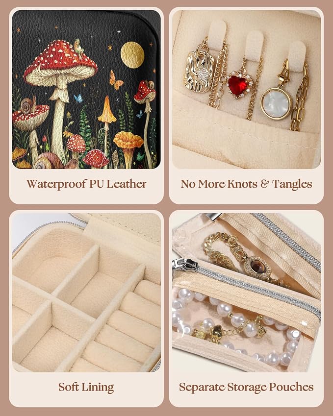 Bistup Travel Jewelry Case - Small Jewelry Organizers and Storage Box for Women Girls Teens Cute Traveling Jewelry Holder with Mirror Little Tiny Compact Modern Unique Aesthetic Pretty, Mushroom - Image 5