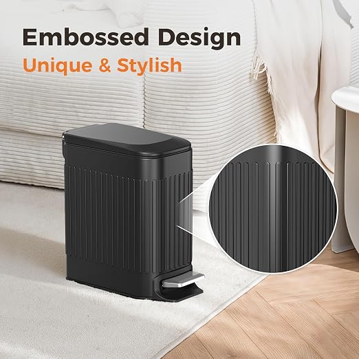 TrashAid Small Black Bathroom Trash Can with Lid Soft Close, 6 Liter / 1.6 Gallon, Stainless Steel Garbage Can with Removable Inner Bucket, Step Pedal, Slim Wastebasket for Toilet, Office, Bedroom - Image 3