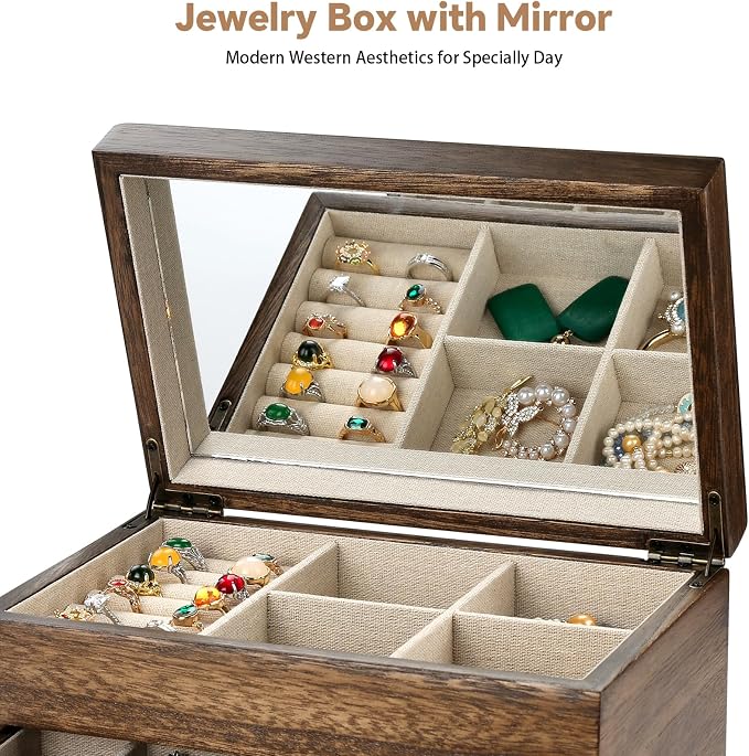 Meangood Jewelry Box Organizer for Women, 3 Layer Large Jewelry Storage Case, Rustic Wooden Jewelry Box with Mirror & Ring Tray for Necklace Earring Bracelets Rings, Vintage Style (Walnut) - Image 5