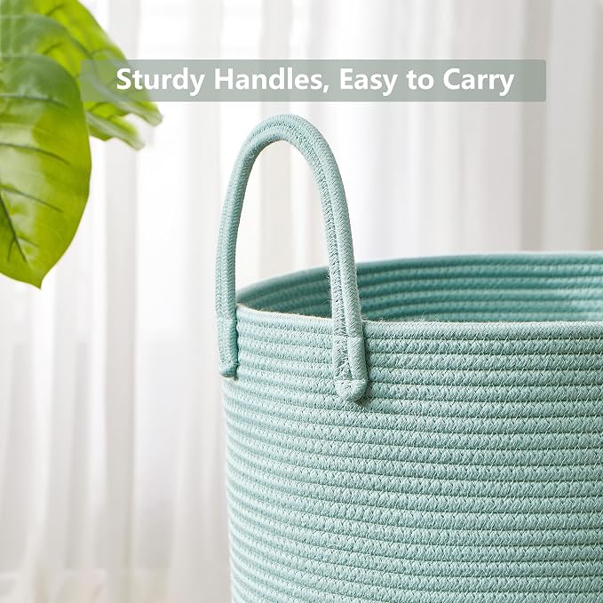 15Dx20H Inches Tall Green Cotton Rope Laundry Hamper Woven Basket for Clothes Blanket Storage in Bedroom Living Room for Baby Nursery Kids Toys Organize 62L Large Capacity - Image 4