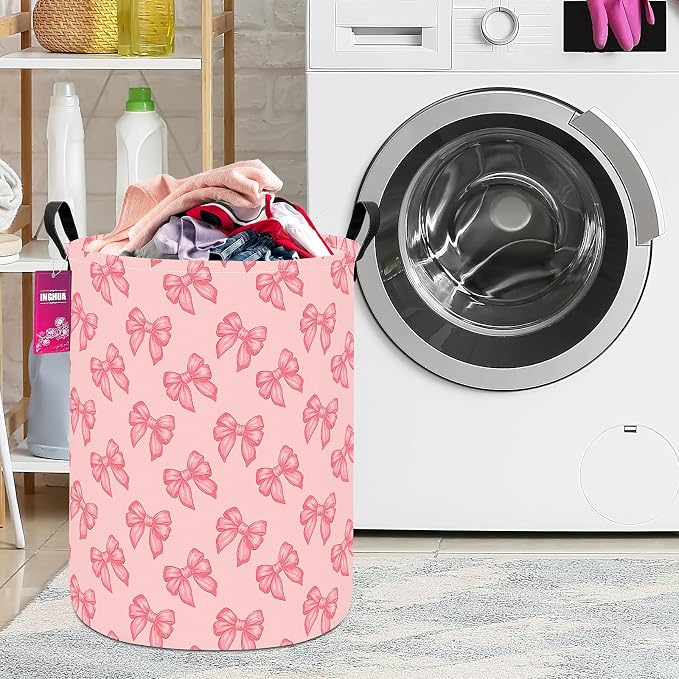 Laundry Hamper Large Canvas Fabric Lightweight Storage Basket/Toy Organizer/Dirty Clothes Collapsible Waterproof for College Dorms, Boys and Girls Bedroom,Bathroom(Pink bowknots) - Image 3