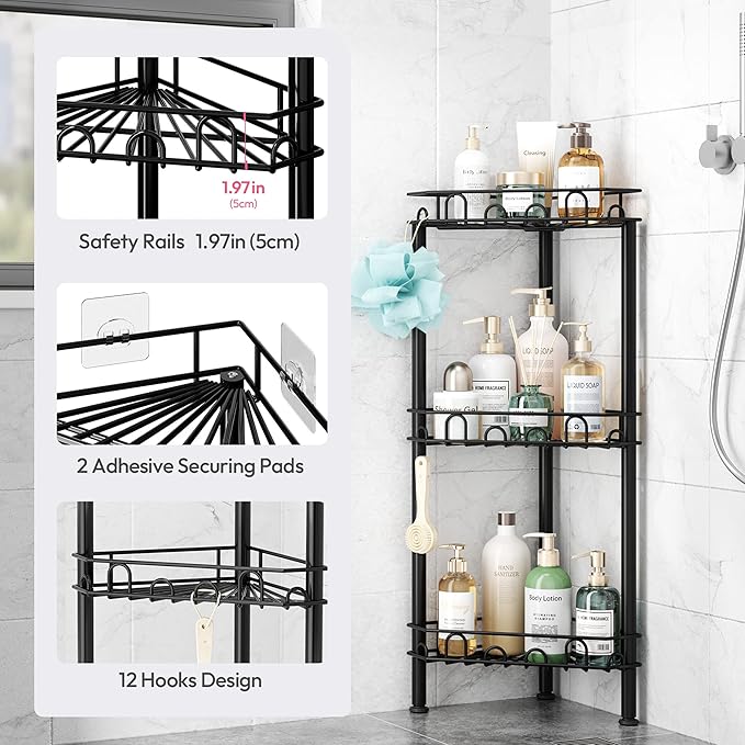 SWTYMIKI Standing Shower Caddy Corner - 3‑Tier Stainless Steel Shower Organizer Shelf with 12 Hooks and Adhesive Pads, Rustproof Corner Shelves Stand Rack for Bathroom Shower Room, Black - Image 4