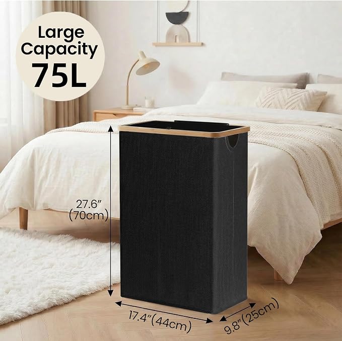 efluky Slim Laundry Basket with Lid, Narrow Laundry Hamper with Removable Bag, Skinny Dirty Clothes Basket with Bamboo Handles for Bathroom, Bedroom & Laundry Room, 75L Black - Image 3