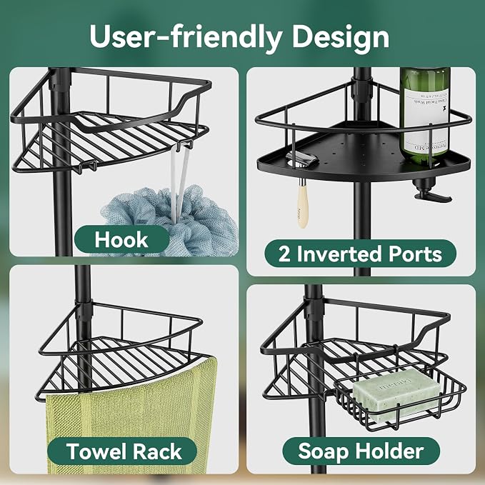 Corner Shower Caddy Tension Pole, 4 Tier Rustproof Shower Tension Rod Organizer, Adjustable 25-125 Inch Bathroom Shower Organizer Shelves for Bathtub Shampoo Storage, Black - Image 7